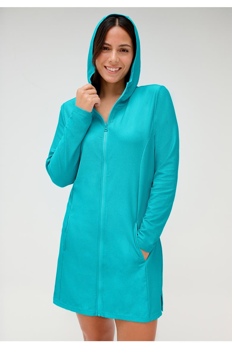 Chlorine Resistant Quick Dry Hoodie Zip Front Cover Up, Alternate, color, Oasis