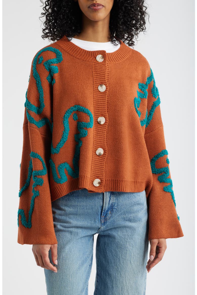 Rawr T-Rex Jacquard Cardigan, Alternate, color, GINGER