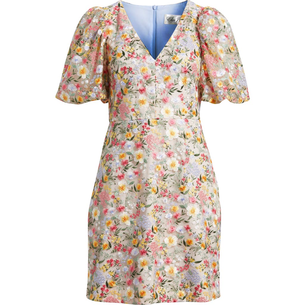 Eliza J Petite V-neck Puff-sleeve Embroidered Dress In Ivory Multi