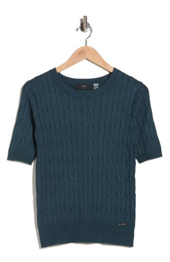 T Tahari Elbow Sleeve Cable Knit Sweater In Blue
