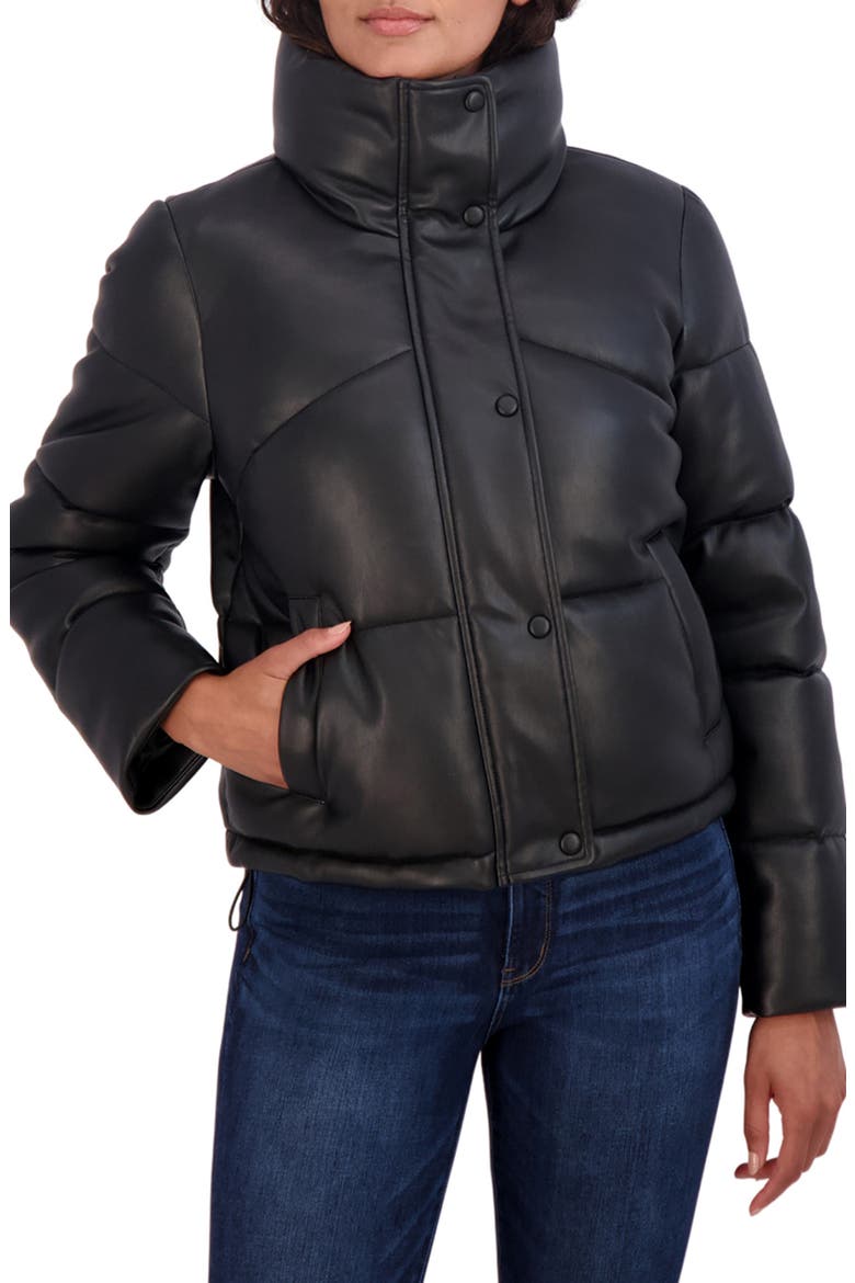 Faux Leather Short Puffer Jacket, Alternate, color, BLACK