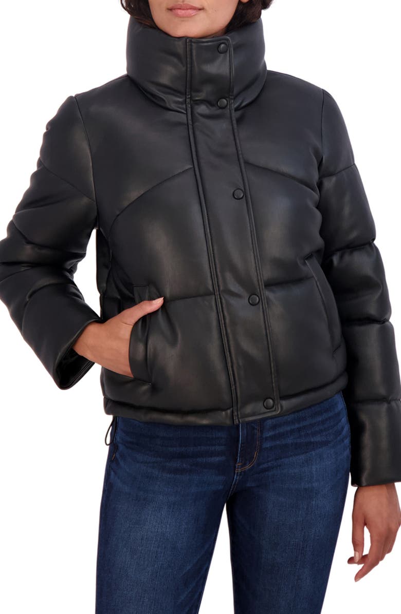 Sebby Short Faux Leather Puffer Jacket, Alternate, color, Black