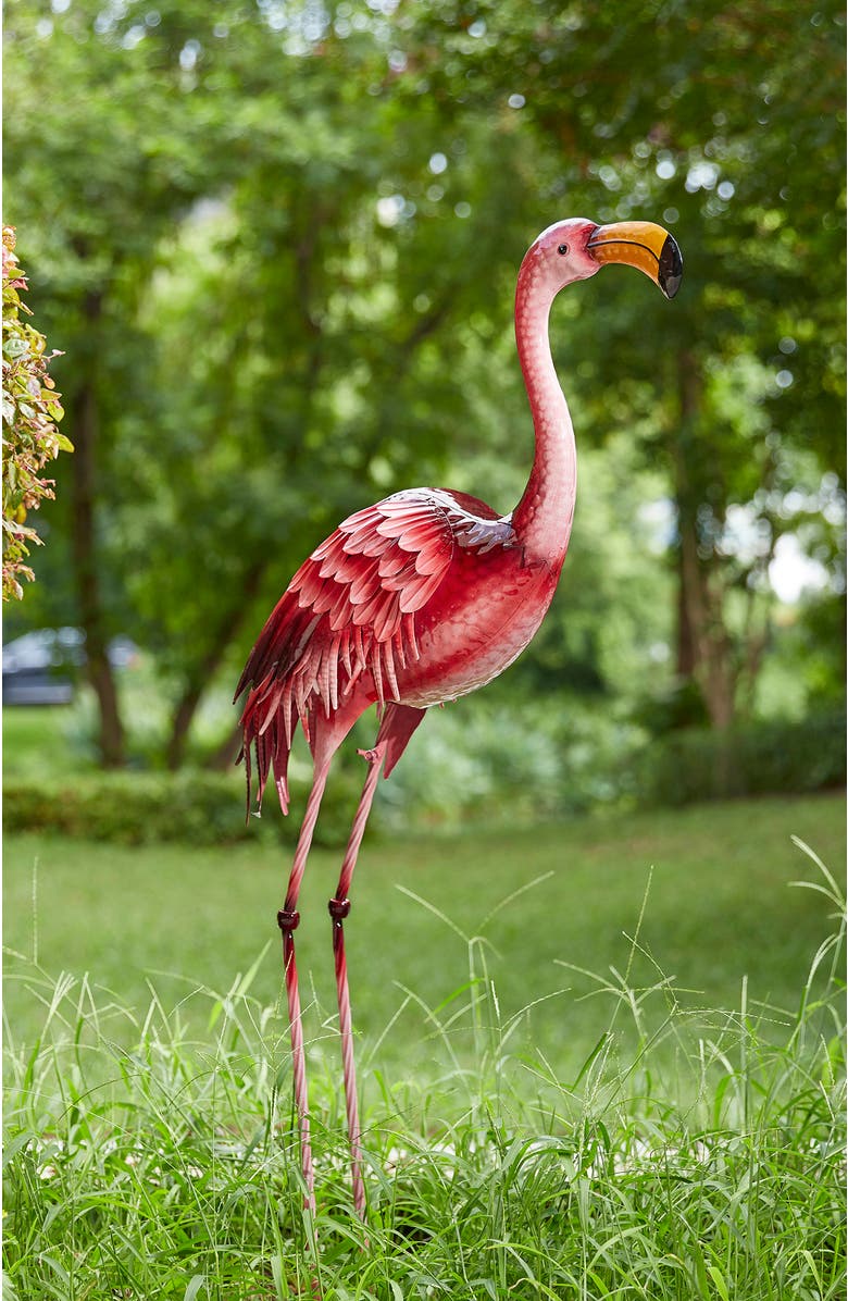 Glitzhome Metal Standing Flamingo Garden Statue with Stakes, Alternate, color, Pink