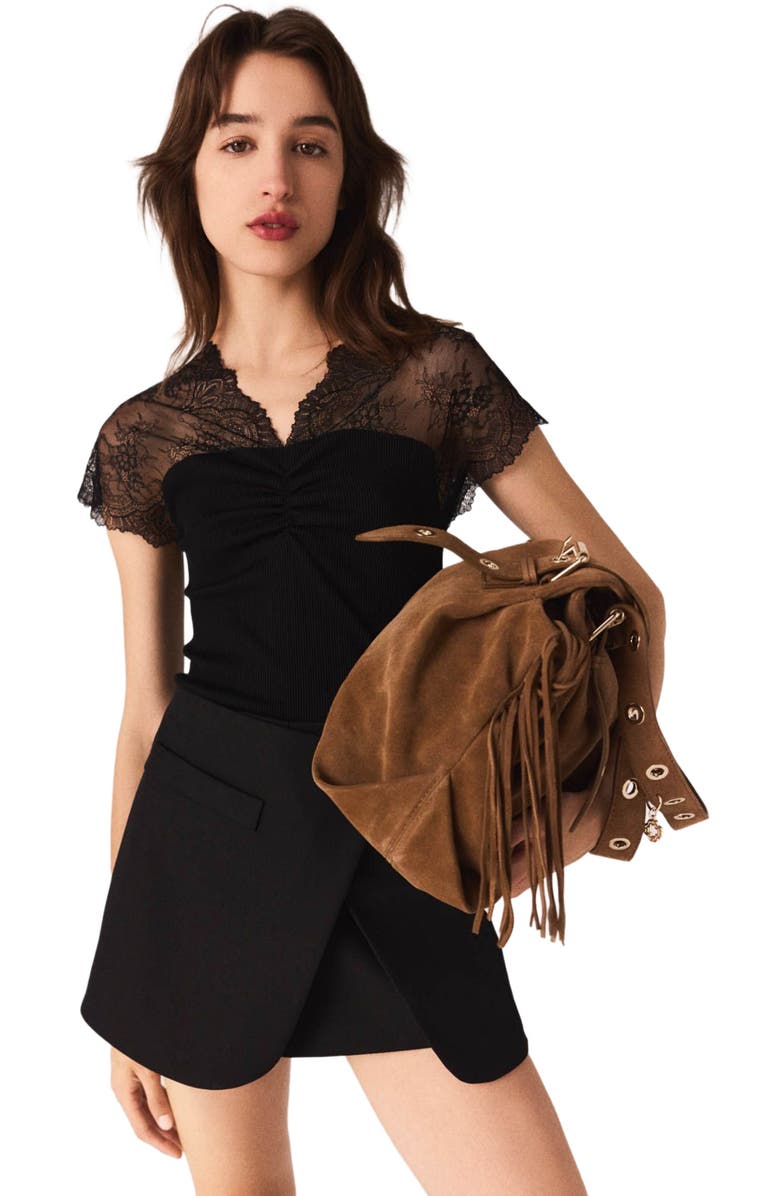 maje Jersey top with lace trim, Main, color, Black