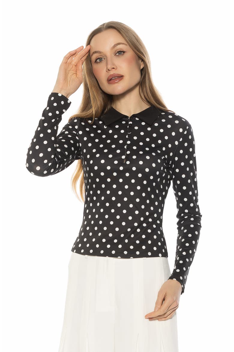 Marlo Long Sleeve Polo, Alternate, color, BLACK POLKA