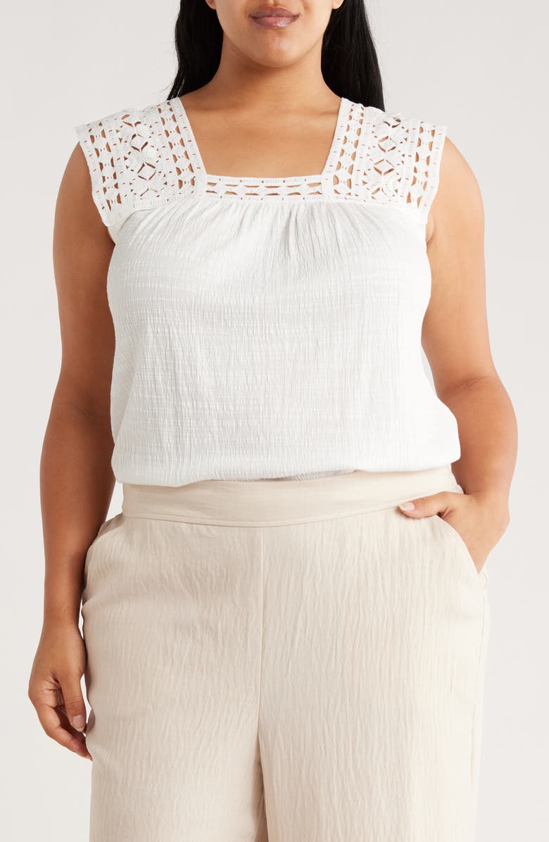 MAX STUDIO Lace Yoke Blouson Tank, Main, color, White-White