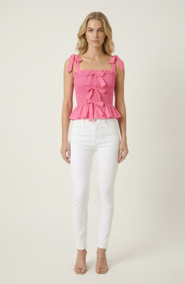 Modenaire Smocked Peplum Top with Bow Tie Straps and Ruffle Hem, Alternate, color, Pink