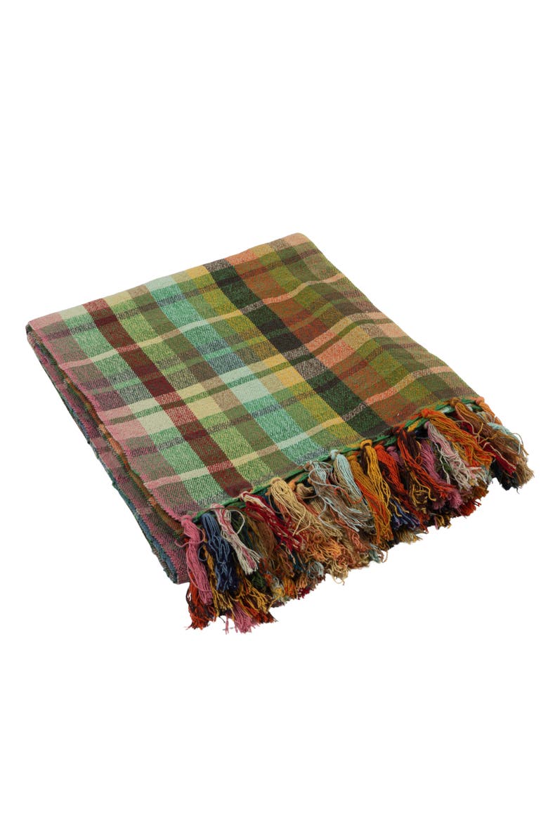 Woven Cotton Throw with Pattern and Fringe, Main, color, Green