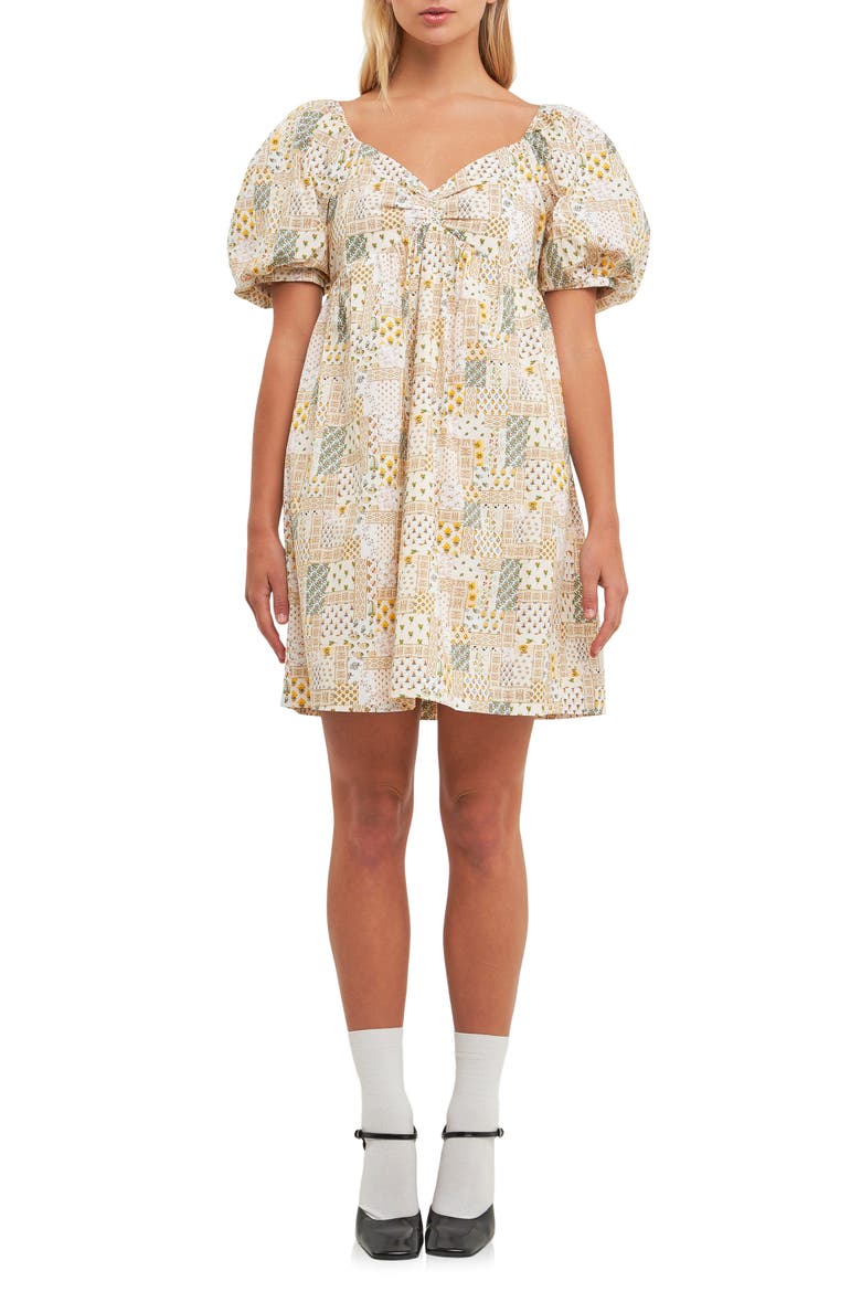 Patchwork Puff Sleeve Babydoll Dress, Main, color, MULTI