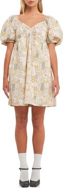 Free the Roses Patchwork Puff Sleeve Babydoll Dress