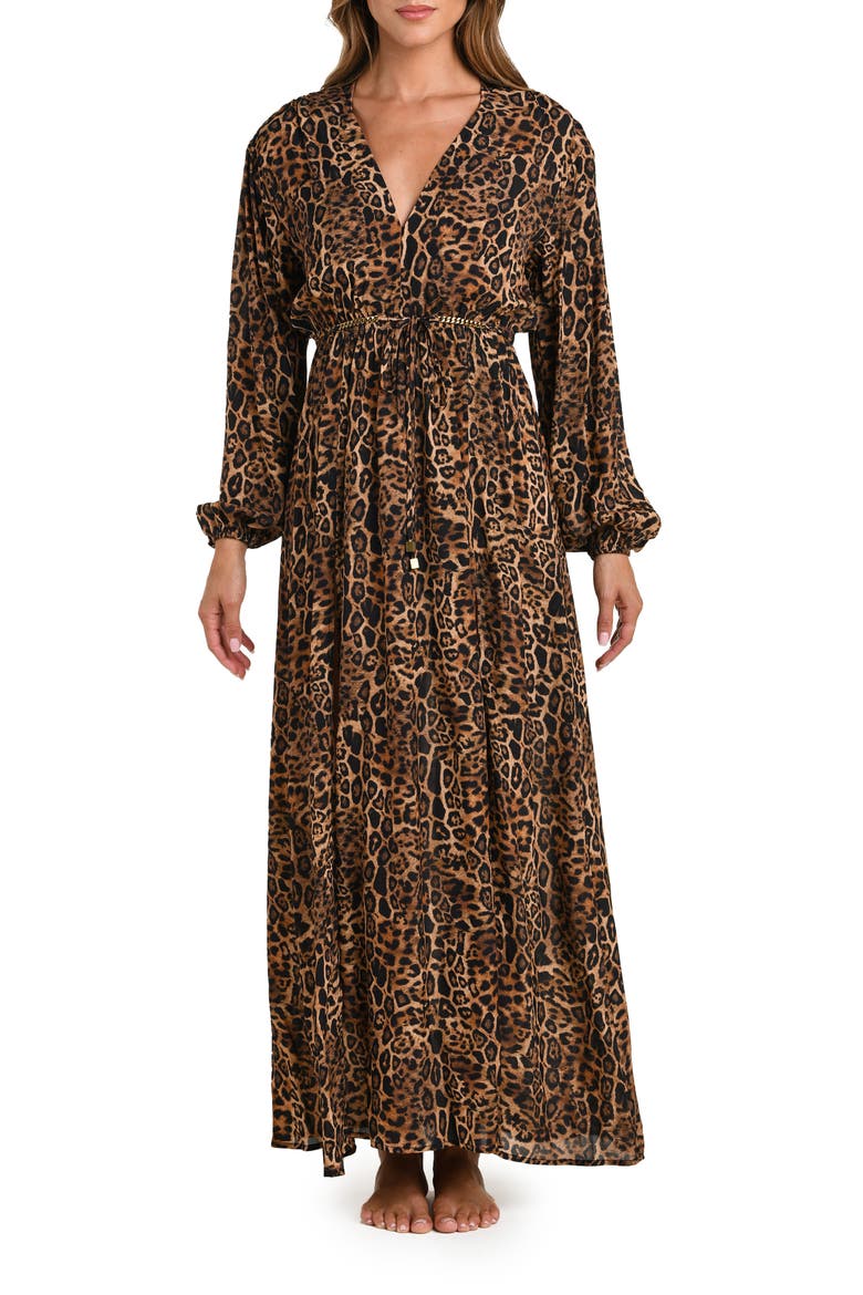 Sara Leopard Print Long Sleeve Chiffon Cover-Up Maxi Dress, Main, color, NATURAL
