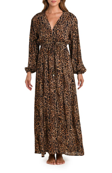 Sara Leopard Print Long Sleeve Chiffon Cover-Up Maxi Dress