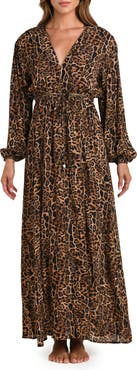 L'AGENCE Sara Leopard Print Long Sleeve Chiffon Cover-Up Maxi Dress