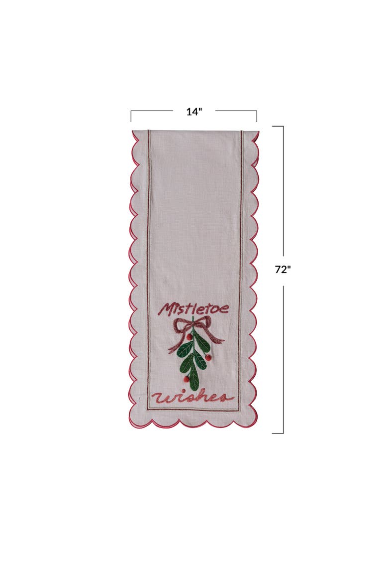 Scalloped Cotton Table Runner in Mistletoe Print, Alternate, color, Multicolor