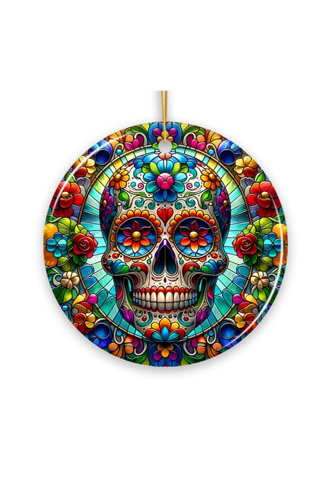 Floral Sugar Skull Stained Glass Themed Ornament