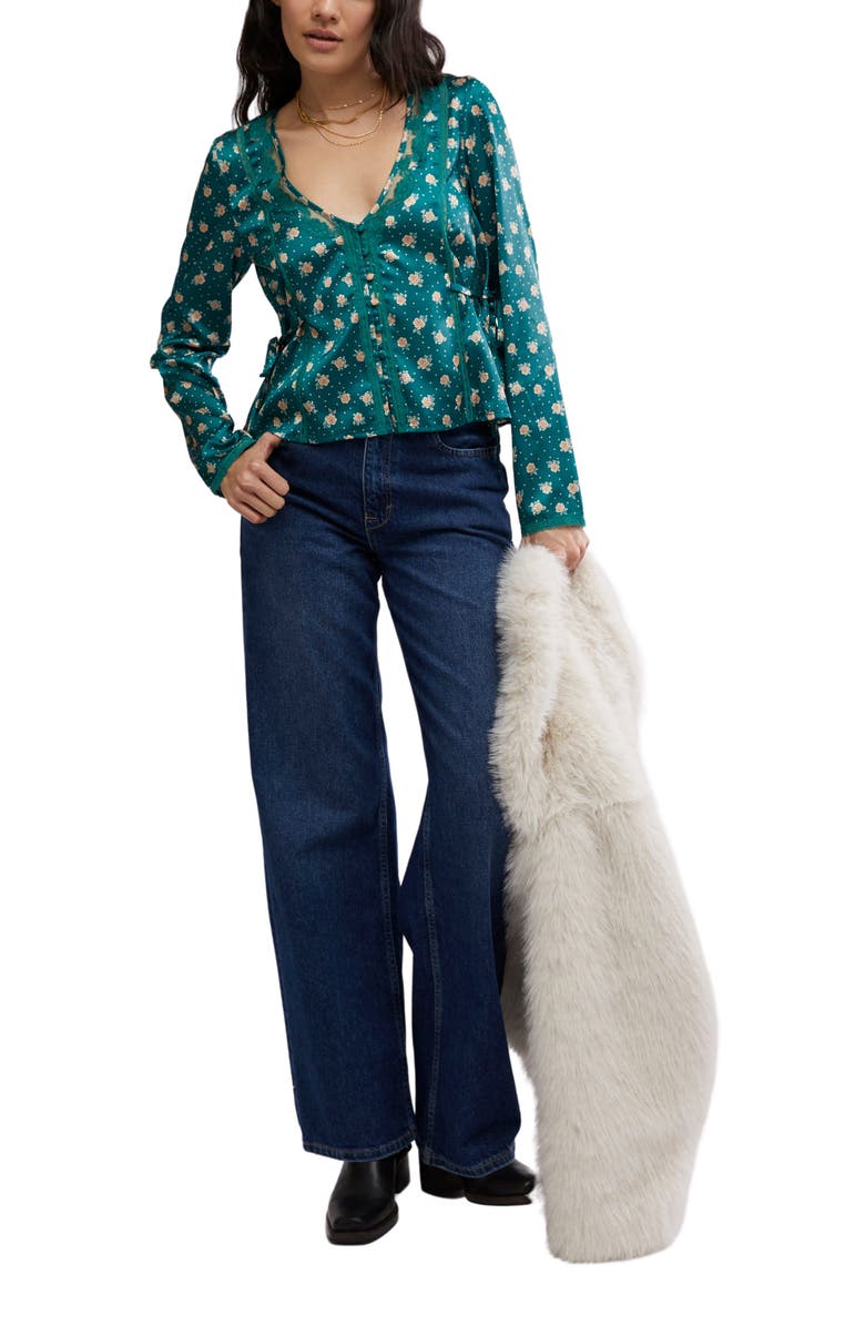 Free People Field of Roses Satin & Lace Top, Alternate, color, Green Combo