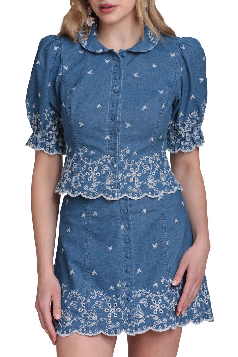 Embroidered Puff Sleeve Scallop Crop Chambray Shirt, Main, color, NEEDLE BLUE