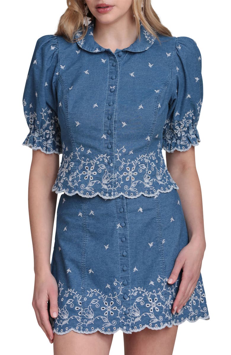 Avec Les Filles Embroidered Puff Sleeve Scallop Crop Chambray Shirt, Main, color, Needle Blue
