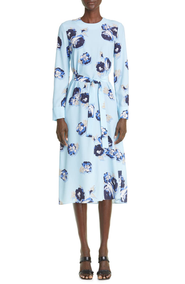 St. John Collection Rose Print Long Sleeve Silk Blend Midi Dress, Main, color, 