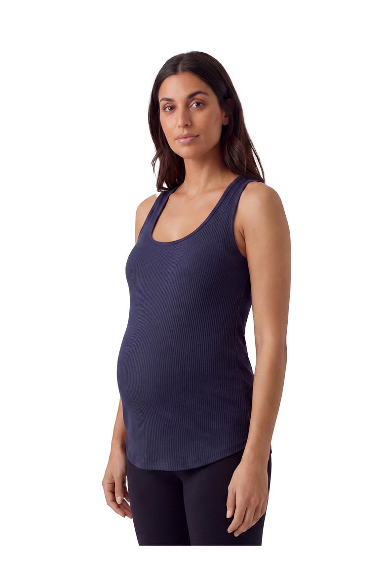 Maternity Basic Ribbed Knit Sleeveless Scoop Neck Long Flared Tank Top, Alternate, color, Navy