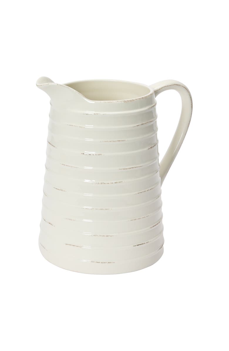 Storied Home Farmhouse Embossed Stripe Ceramic Pitcher, Distressed White, Main, color, White