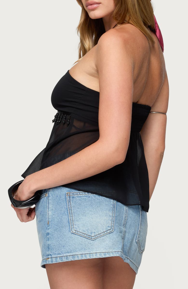 EDIKTED Bead Detail Sheer Chiffon Babydoll Halter Top, Alternate, color, Black