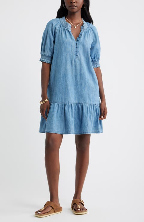 Chambray Puff Sleeve Shift Dress