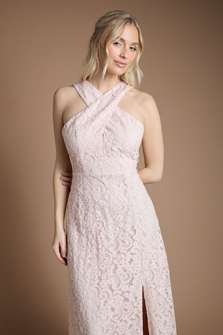 Cross Halter Neck Bridesmaid Maxi Dress, Alternate, color, Blush