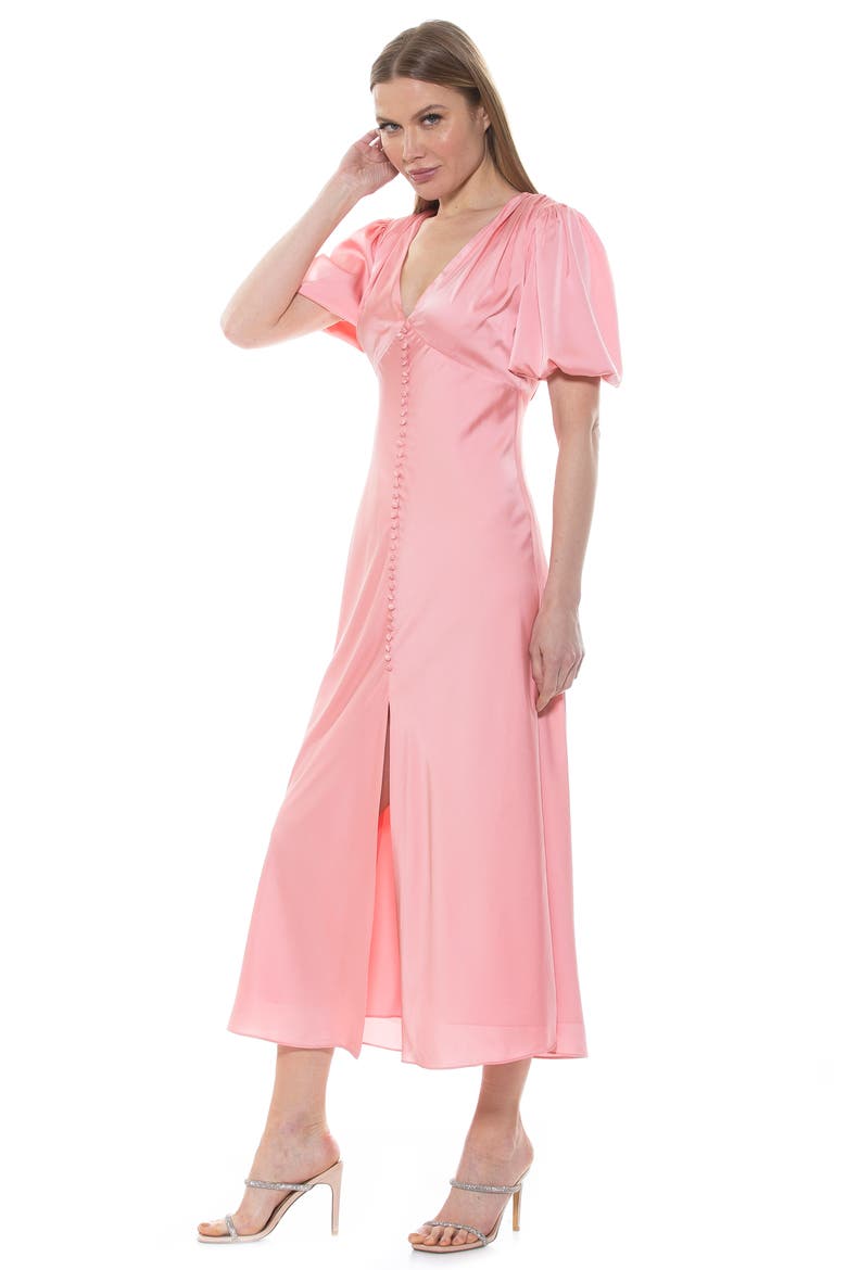 Lorelei V-Neck Bubble Sleeve Midi Dress, Alternate, color, PINK