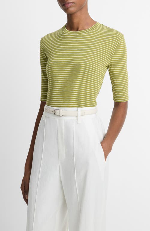 Vince Stripe Elbow Sleeve Cotton Blend Knit Top In Herbaria Combo