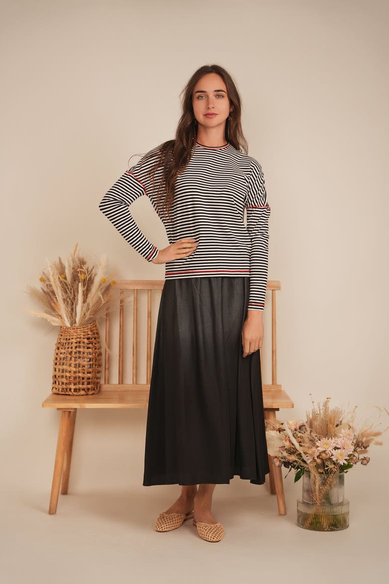 Striped Contrast Stitch Drop Shoulder Long Sleeve Top, Alternate, color, Apple/White