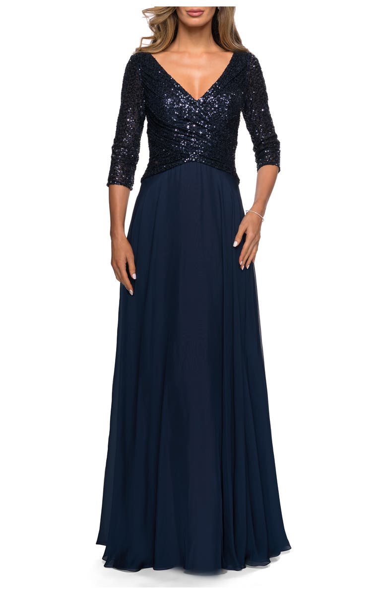 La Femme Long Chiffon Evening Gown with Sequined Bodice, Alternate, color, Navy