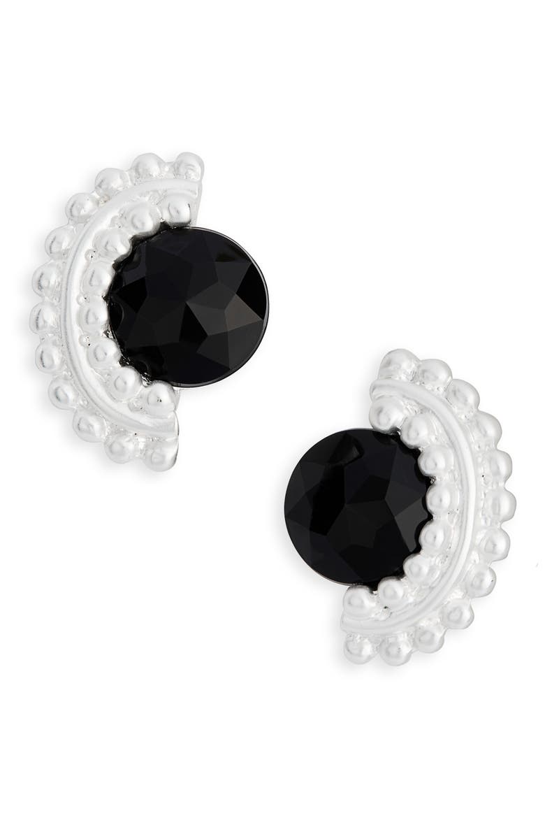 Black Cubic Zirconia Fan Clip-On Earrings, Main, color, SILVER