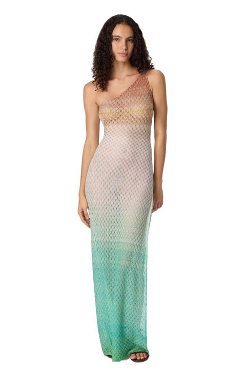 One-shoulder Dress In Lamé Viscose With Dégradé Spiderweb Motif