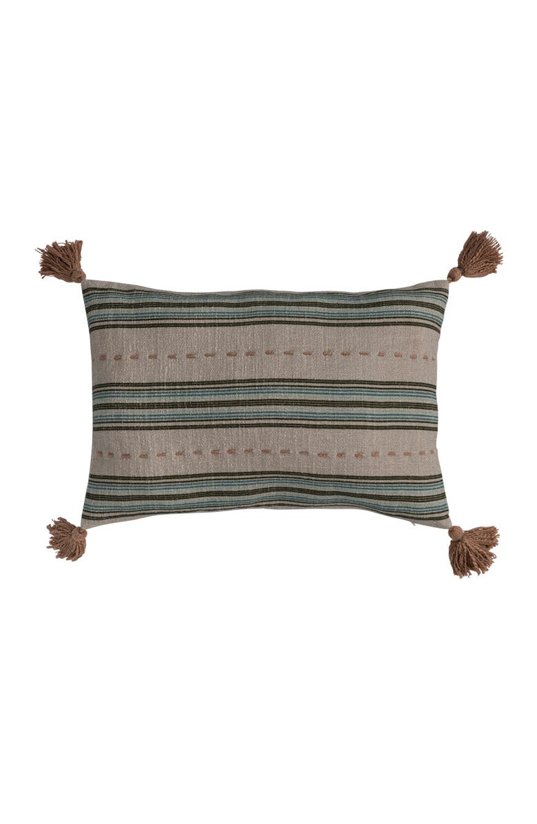 Storied Home 20 Inches Cotton Slub Printed Lumbar Pillow with Hand-Embroidered Stripes and Tassels, Main, color, Cream