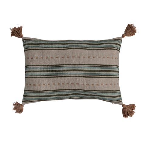 20 Inches Cotton Slub Printed Lumbar Pillow with Hand-Embroidered Stripes and Tassels