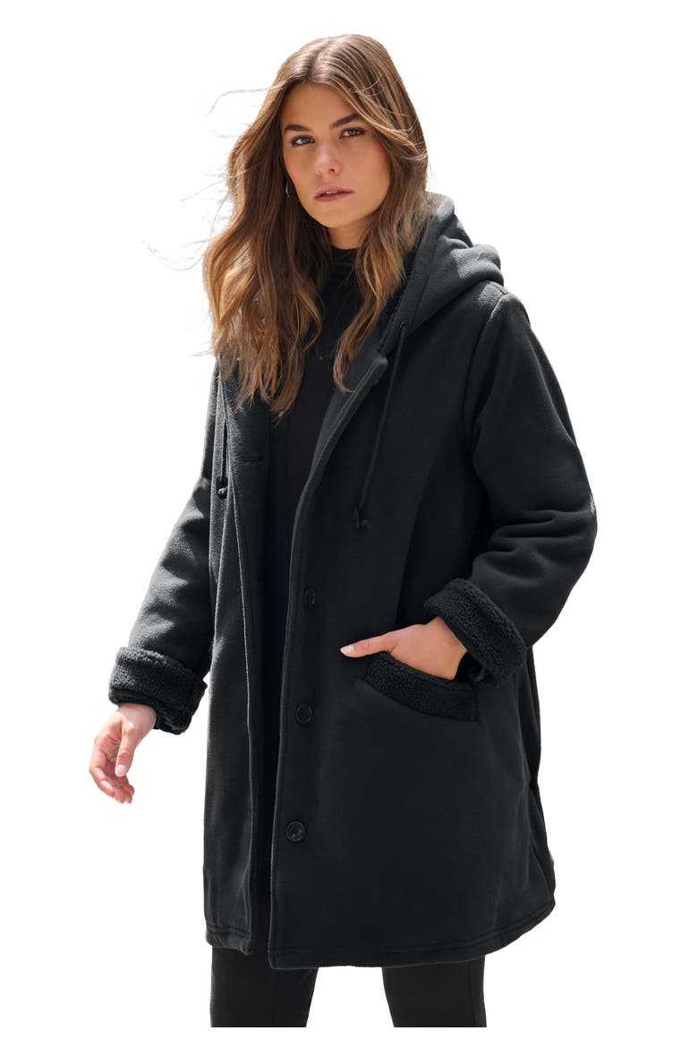 Plus Size Hooded Fleece Fleece Coat, Main, color, BLACK