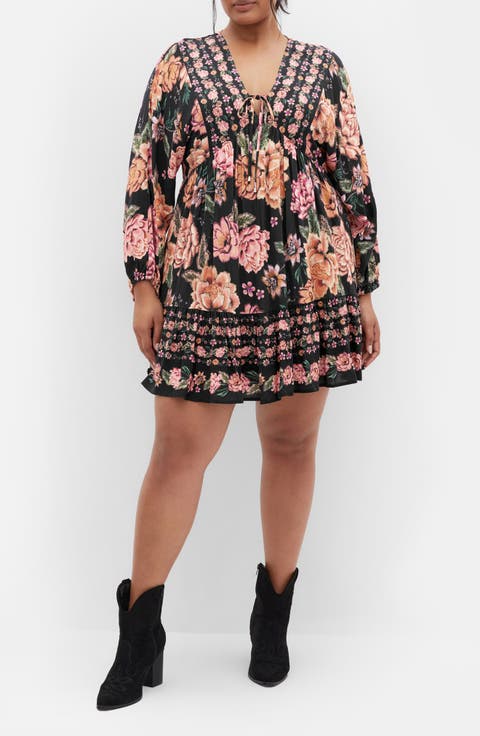 The Divine Border Print Long Sleeve Minidress (Plus)