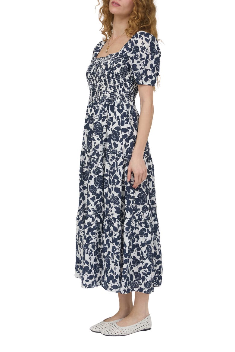 Puff Sleeve Smocked Midi Dress, Alternate, color, NAVY MULTI