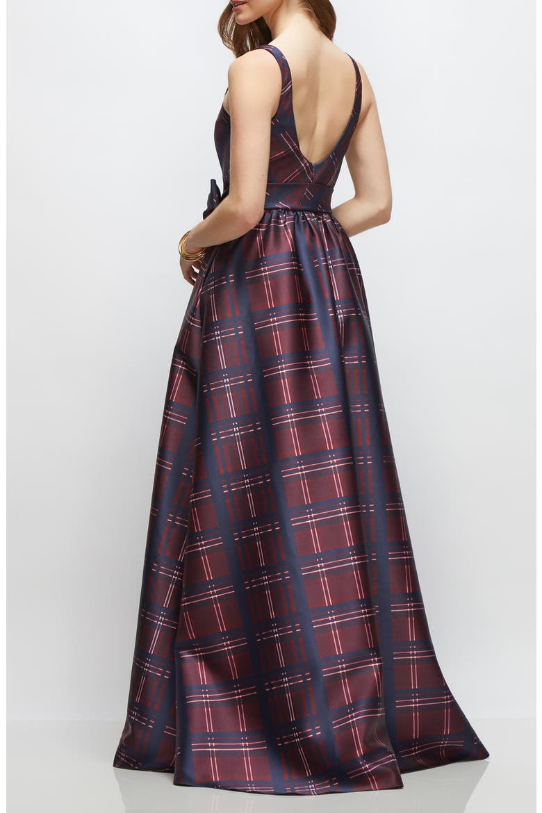 Tartan Tie Waist Sleeveless Satin Gown, Alternate, color, CABERNET MIDNIGHT