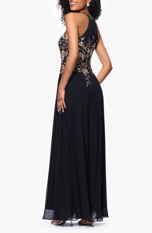 Betsy & Adam Metallic Embroidery Chiffon Gown In Black