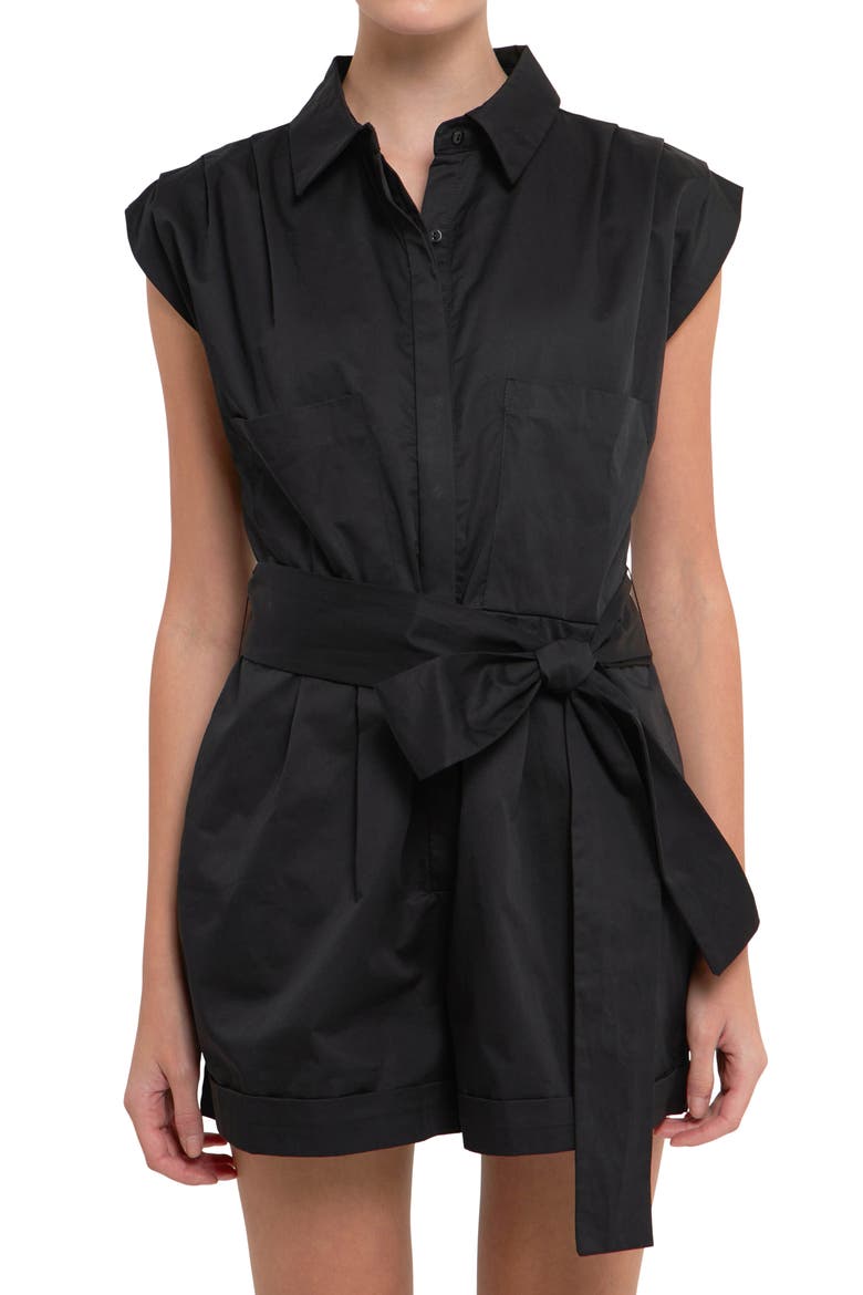 Ruched Collar Cotton Romper, Alternate, color, BLACK