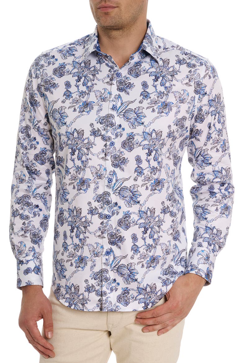 Sea Bloom Floral Stretch Cotton Button-Up Shirt, Main, color, BLUE/ WHITE