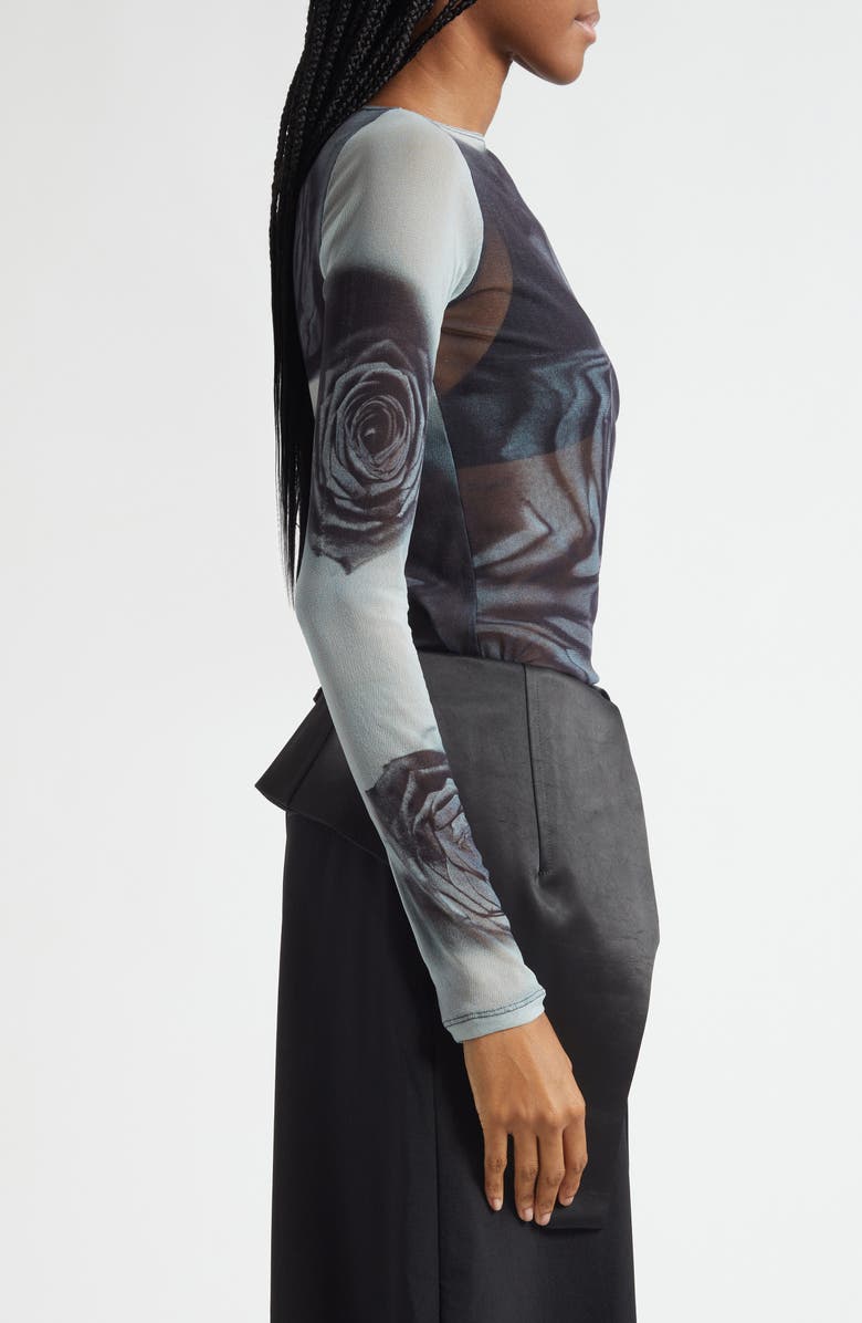 Jean Paul Gaultier Rose Sheer Long Sleeve Mesh Top, Alternate, color, White/ Grey/ Black
