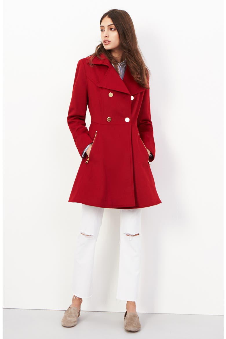 Laundry by Shelli Segal Double Breasted Fit & Flare Coat, Main, color, RED DAHLIA