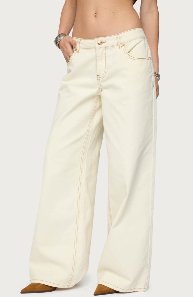 EDIKTED Contrast Stitch Low Rise Wide Leg Jeans, Alternate, color, Cream