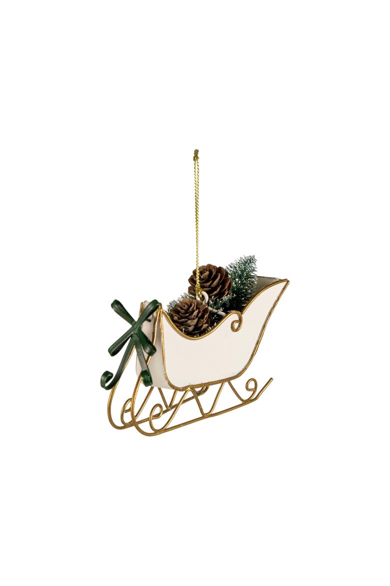 Iron Sleigh Ornament with Bottle Brush Tree and Pinecones, Main, color, Multicolor
