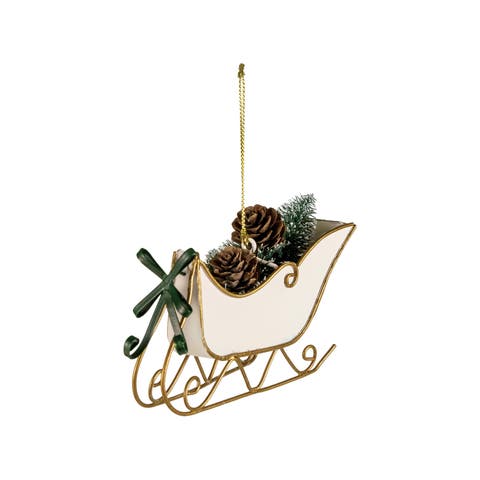 Iron Sleigh Ornament with Bottle Brush Tree and Pinecones