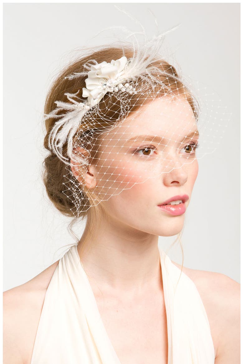 'Whispering Flower' Veil Hair Comb, Main, color, WHITE