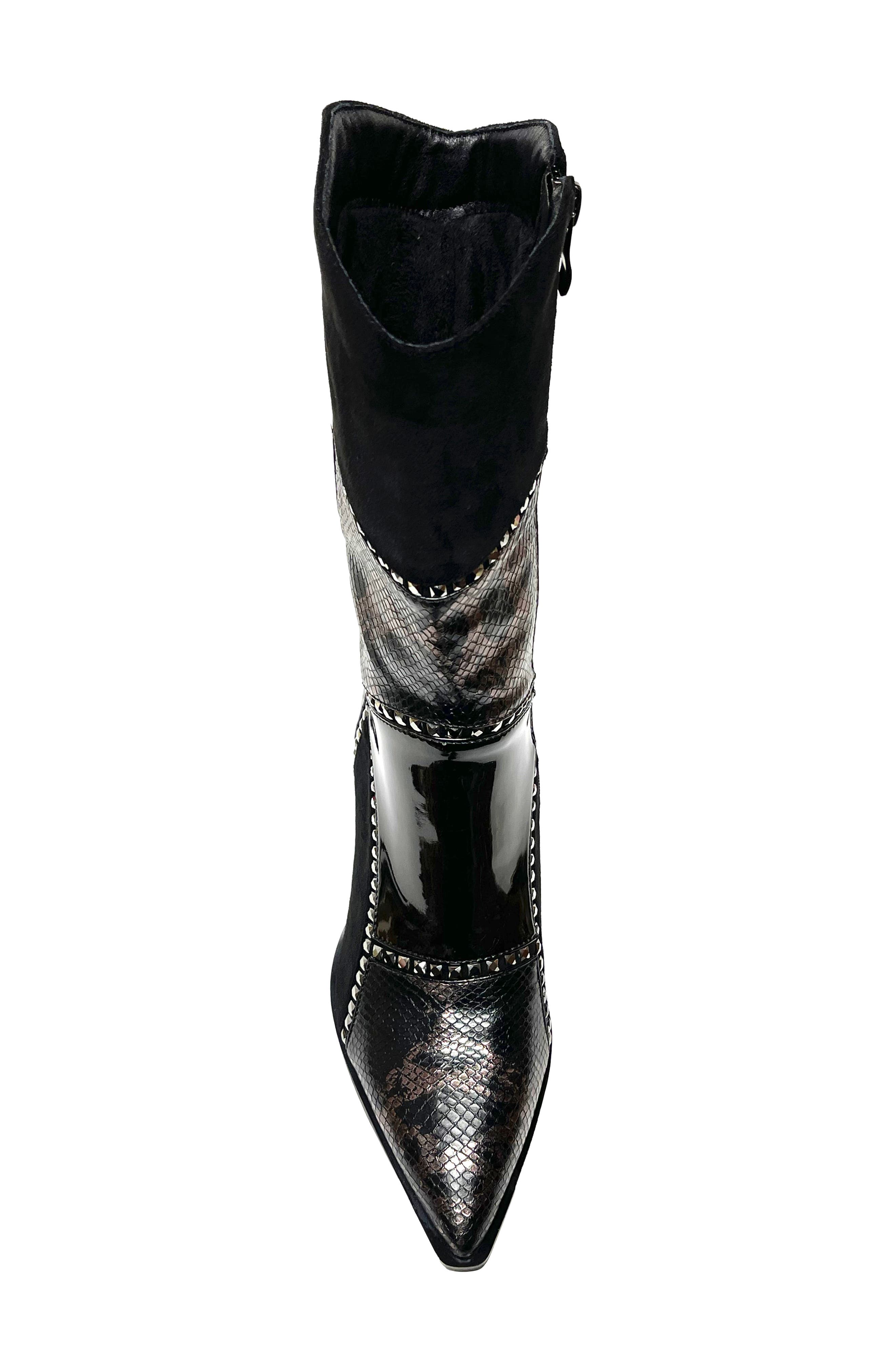 NINETY UNION Art Patchwork Studded Snake Embossed Boot, Alternate, color, Black